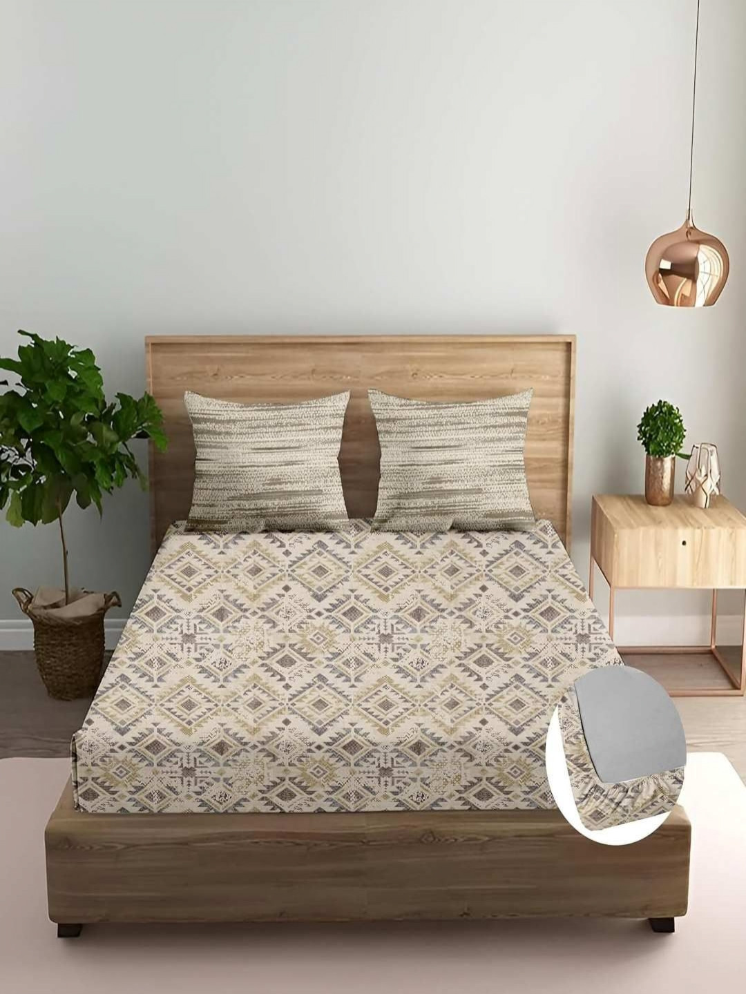 Trance Home Linen Taupe & Grey Floral 180 TC Queen Bedsheet 1.83 m x 1.52 m