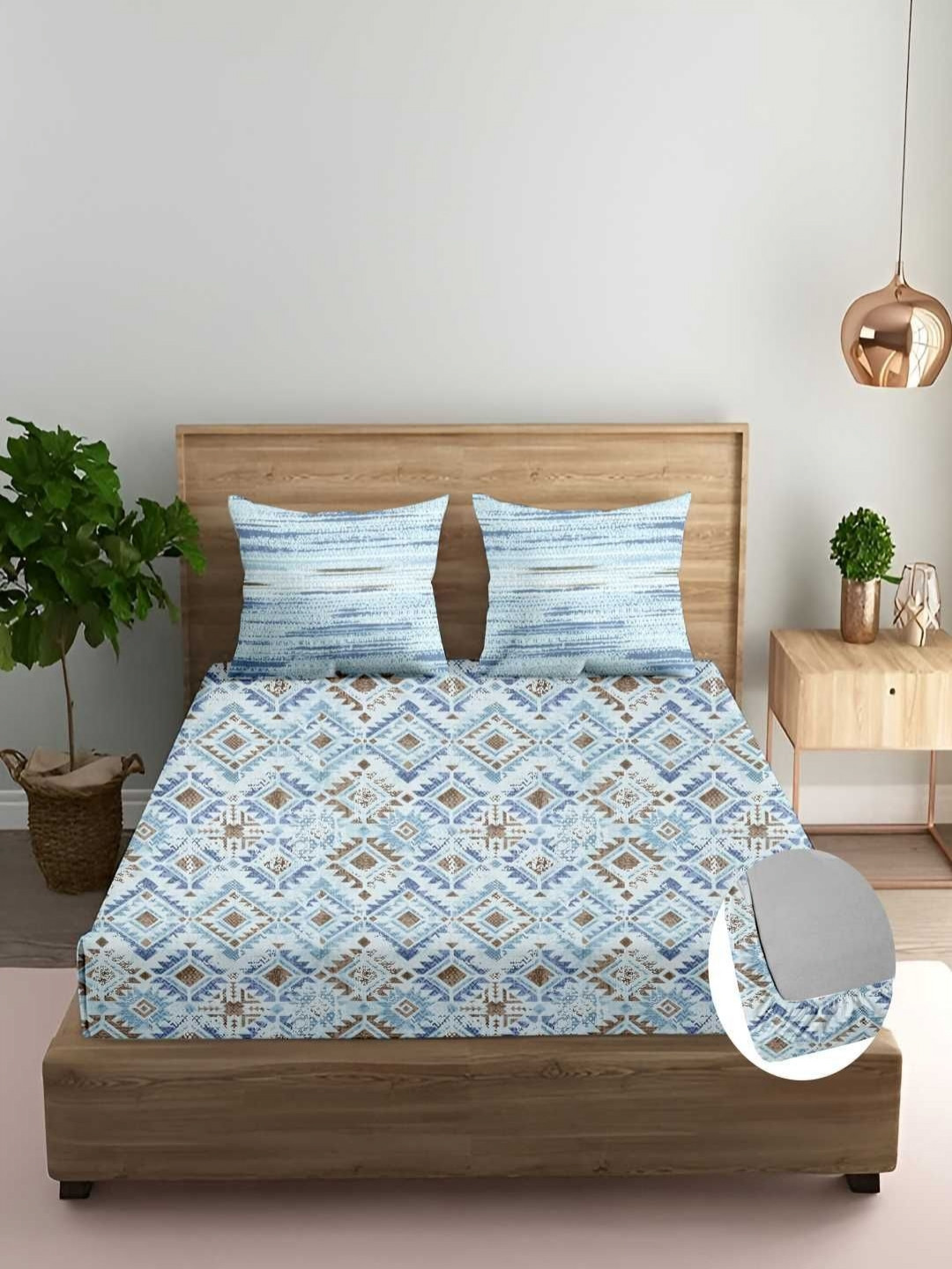 Trance Home Linen Blue & Brown Printed Cotton 180 TC Queen Bedsheet Set - 1.98 m x 1.98 m