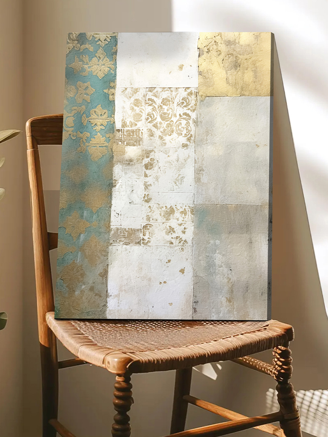 Art Street Turquoise, Gold and Beige Distressed Elegance Canvas Wall Art