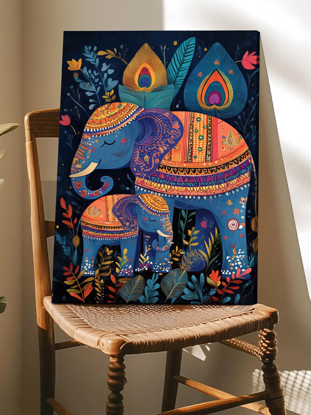 Art Street Multicolor Gond Art of Elephants and Botanical Canvas Wall Art