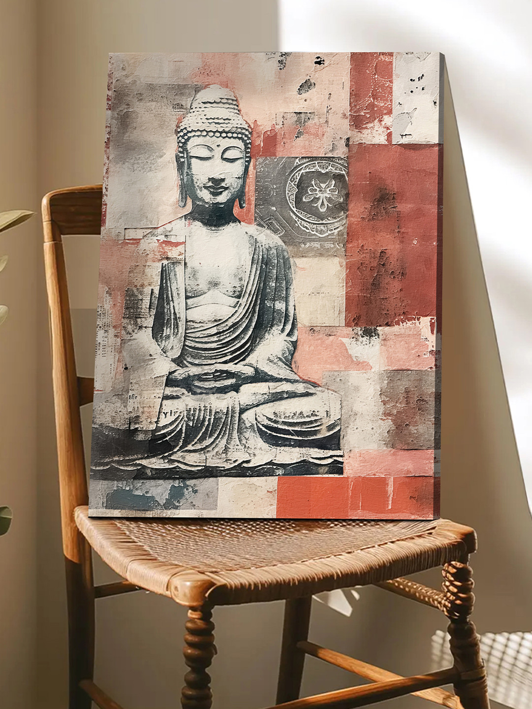 Art Street Red, Gray and Beige Abstract Art of Meditating Buddha Canvas Wall Art