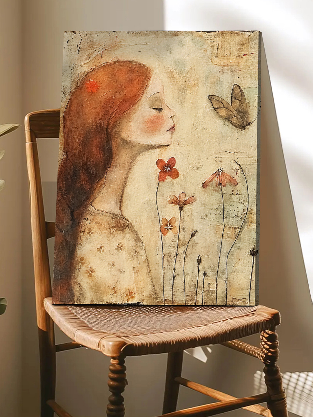 Art Street Beige Vintage Abstract Art of Girl with Flower and Butterfly Canvas Wall Art