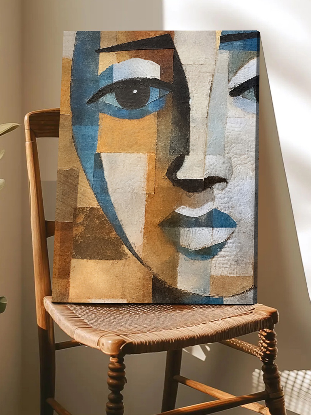 Art Street Blue, Beige and White Abstract Geometric Women Face Canvas Wall Art