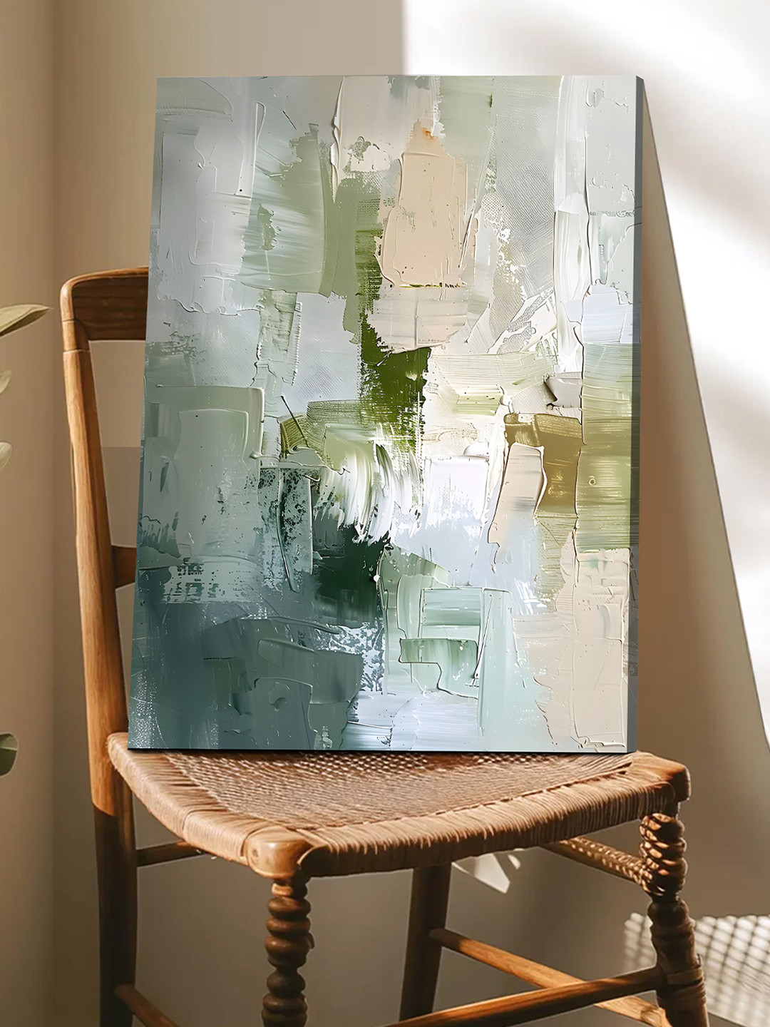 Art Street Green, Beige and White Abstract Brush Strokes Artwork Canvas Wall Art