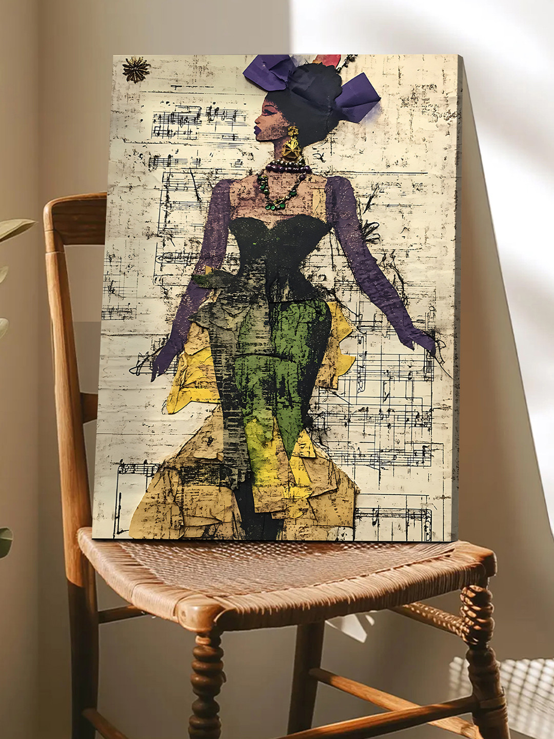 Art Street Beige & Yellow African Girl Music Notes Printed Canvas Wall Art