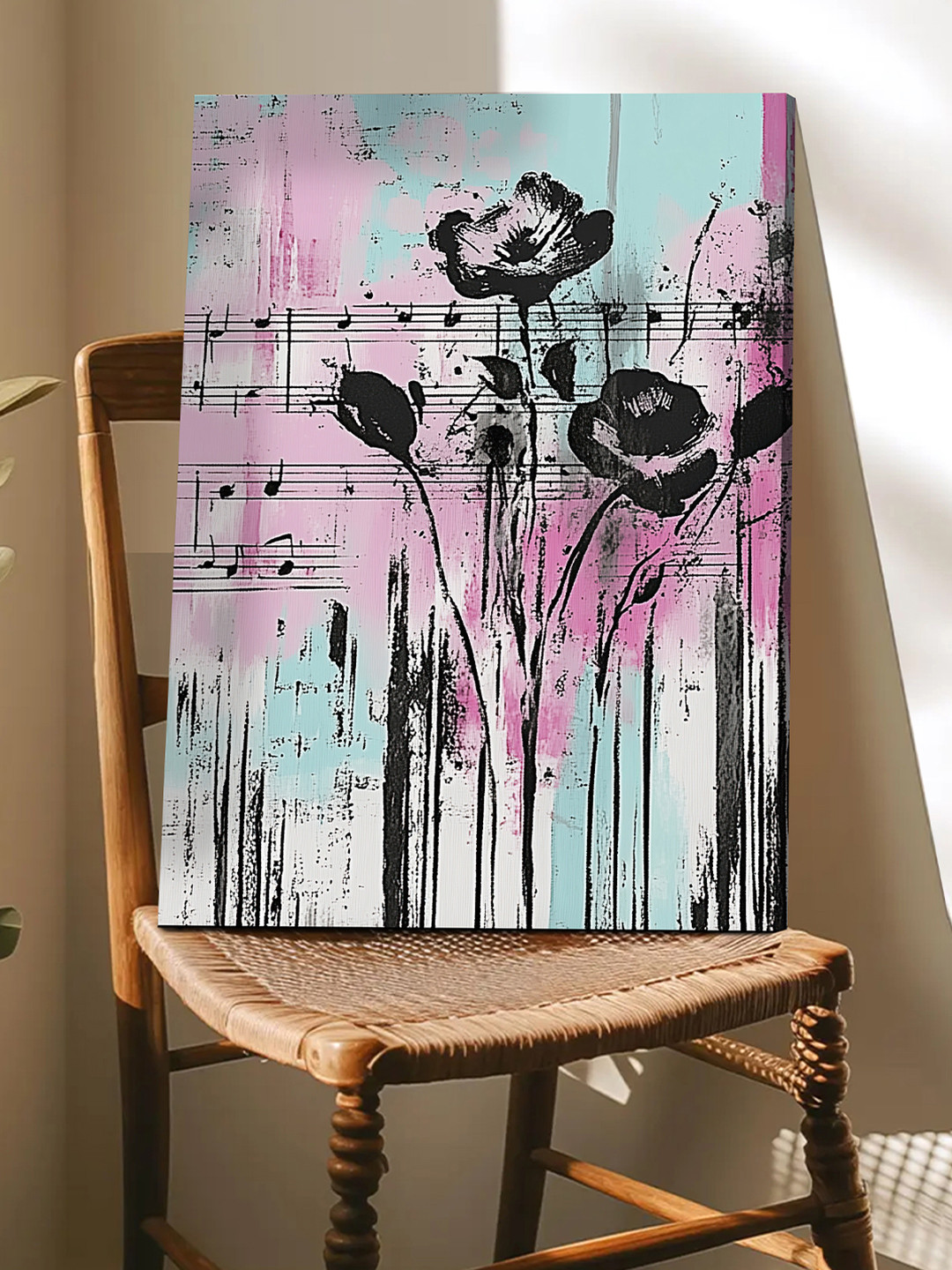 Art Street Purple & Green Floral With Musical Notation Wall Paintings