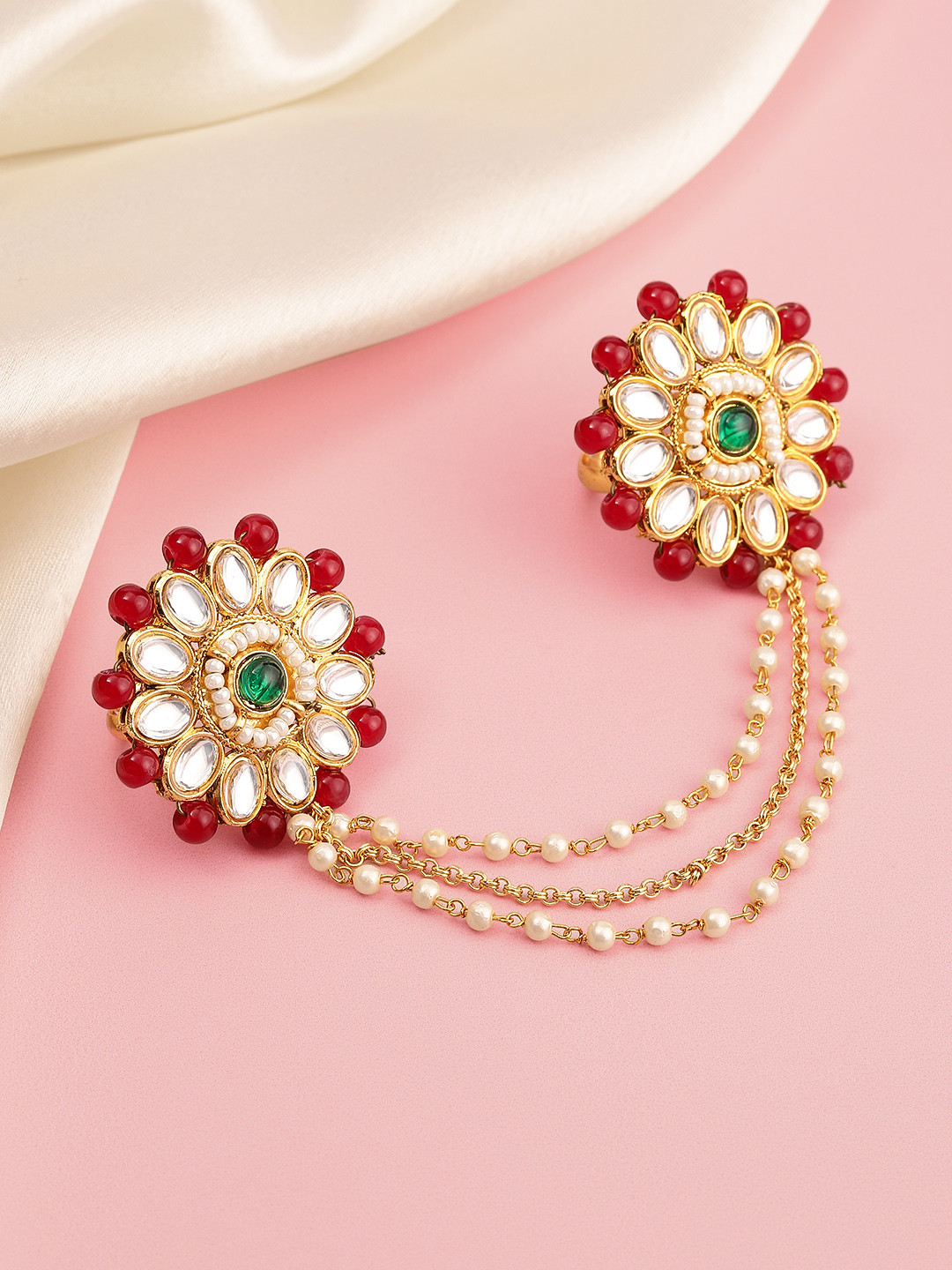 Peora Gold Plated Kundan Beads Studded Adjustable Dual Finger Ring With Chain