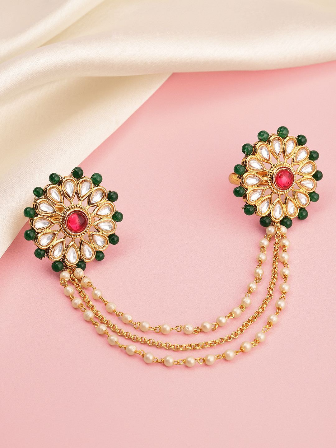 Peora Gold Plated Kundan Beads Studded Adjustable Dual Finger Ring With Chain