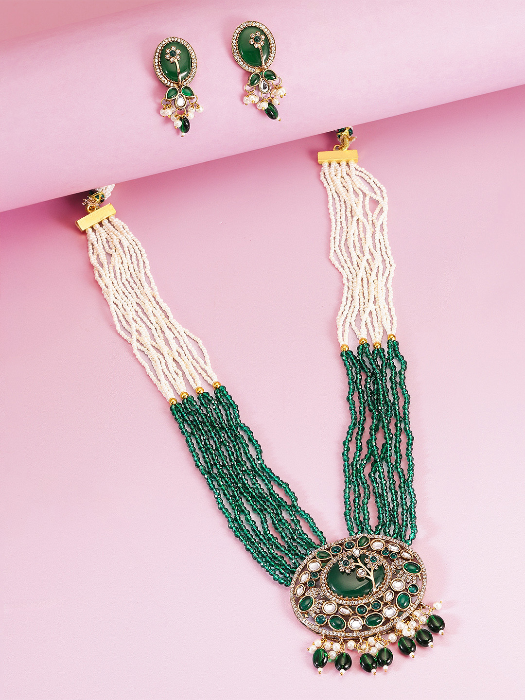 Peora Green Kundan Pearl Multistand Beaded Necklace with Earrings