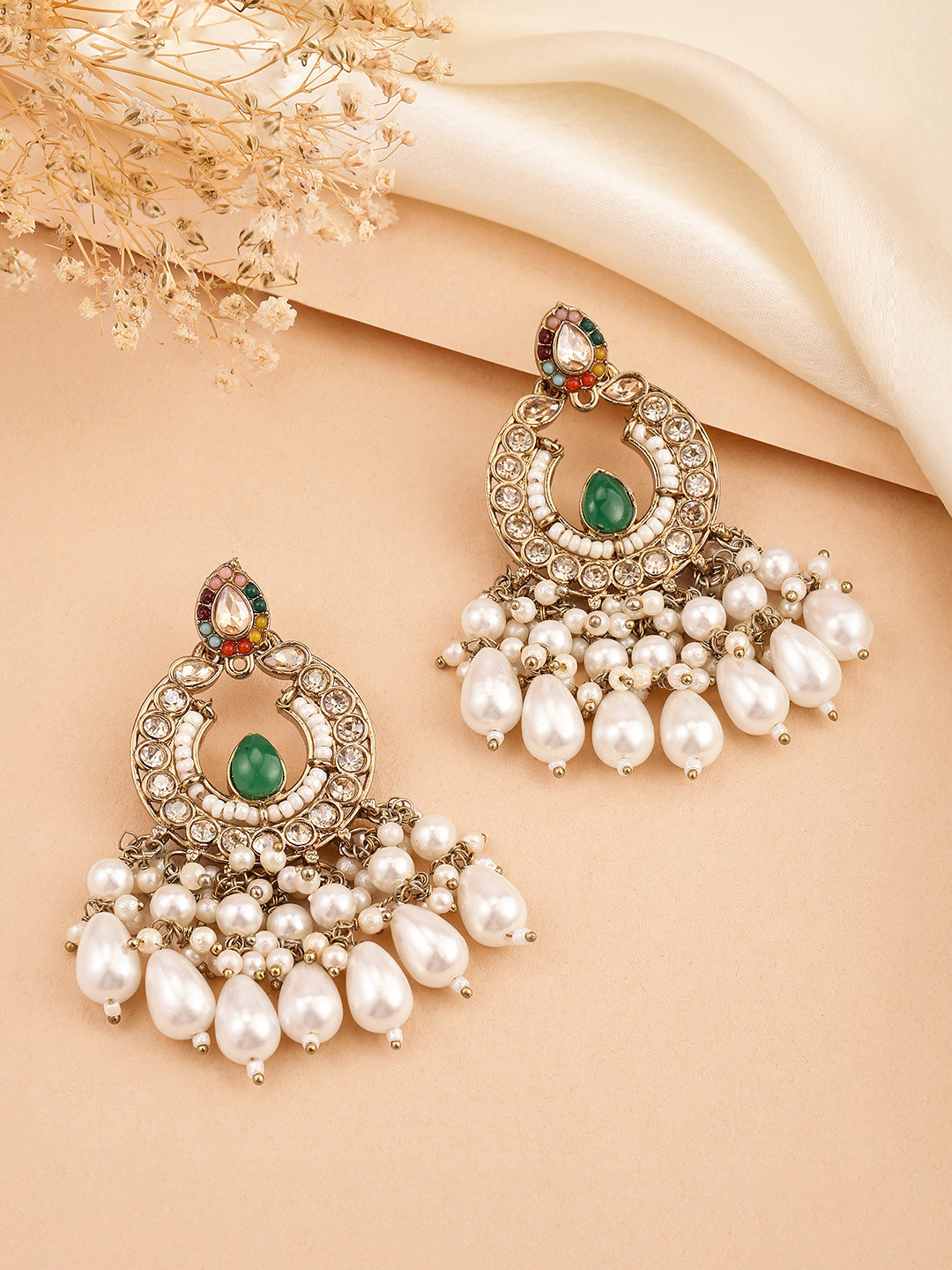 Peora Gold Plated Faux Ruby Crystals & Beads Contemporary Chandbalis Earrings