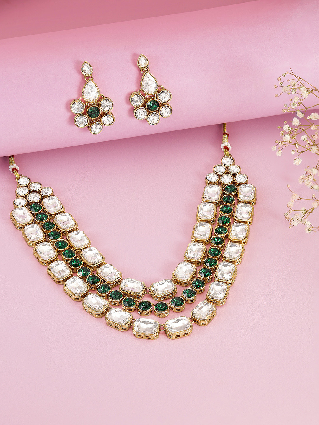 Peora Ruby & Cubic Zirconia Studded Layered Necklace Set