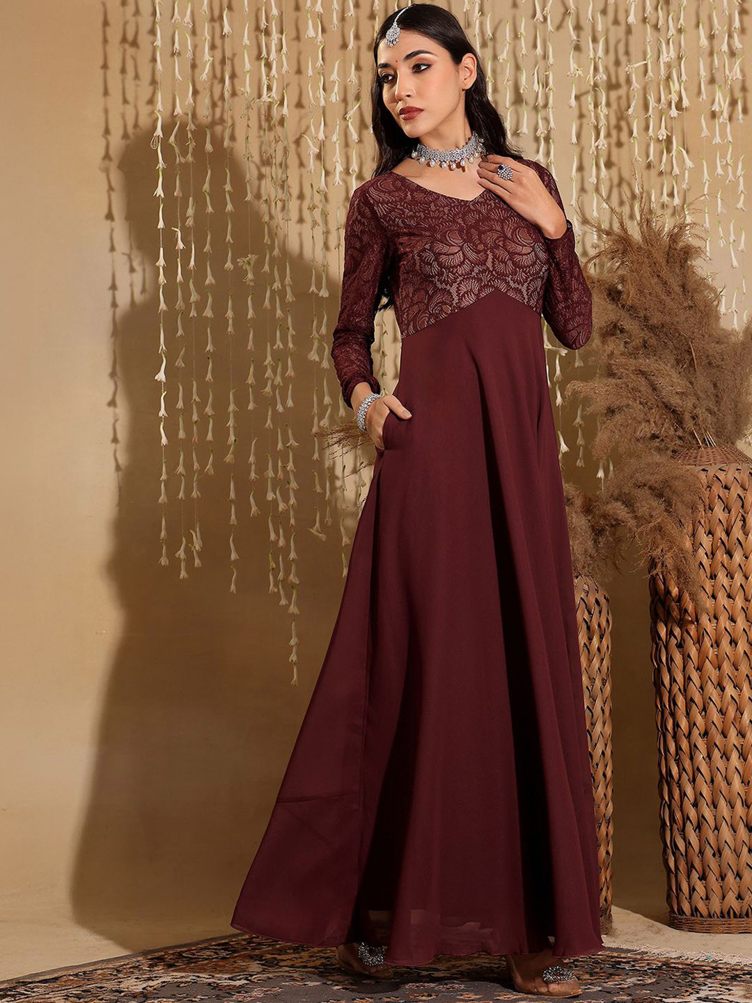 Miss Chase Women V-Neck Long Sleeve Self Design Lace-Overlaid Georgette Maxi Ethnic Dress