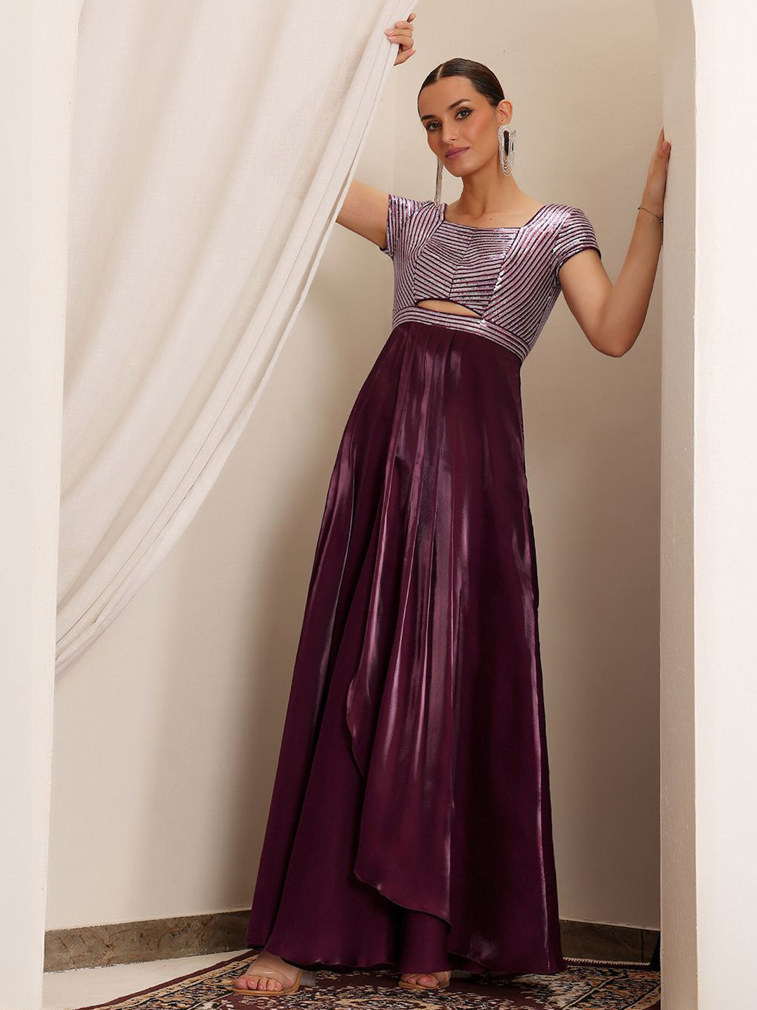 Miss Chase Women Sweetheart Short Sleeve Embellished Pleated Satin Maxi Ethnic Dress