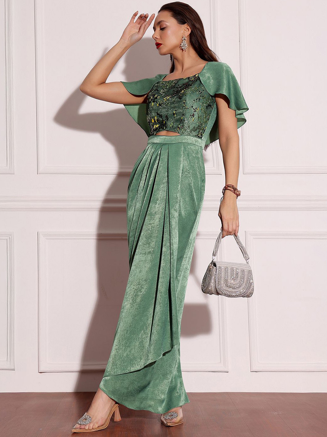 Miss Chase Women Sweetheart-Neck Cape Embellished Draped Satin Maxi Ethnic Dress