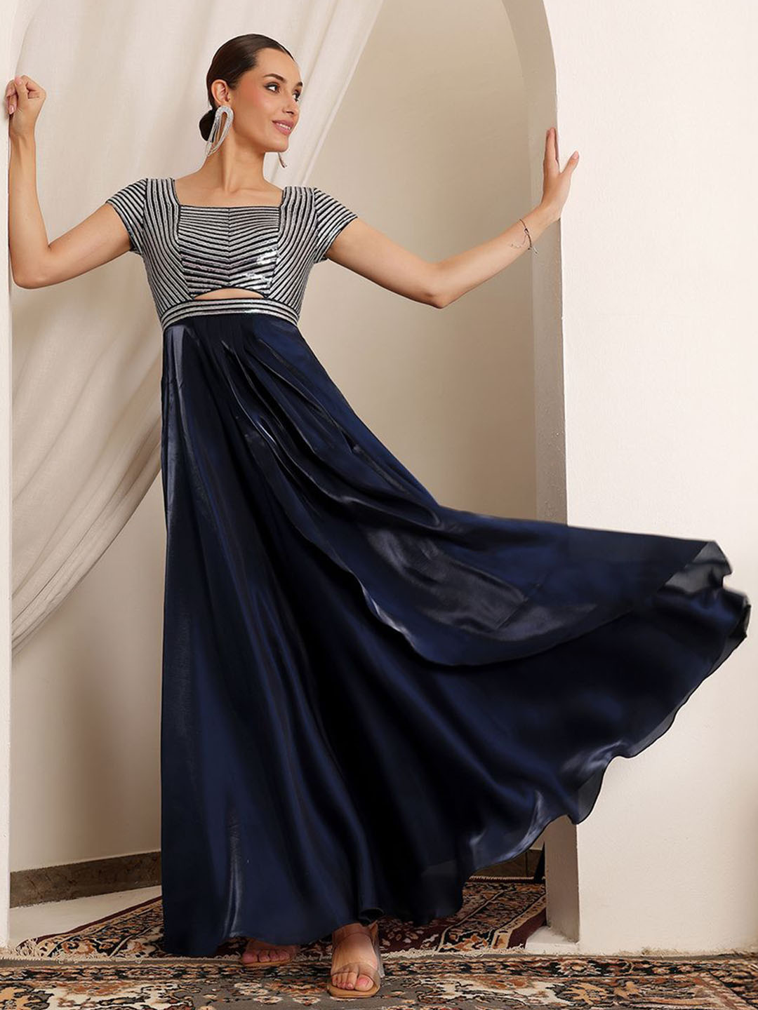 Miss Chase Women Sweetheart Short Sleeve Embellished Pleated Satin Maxi Ethnic Dress