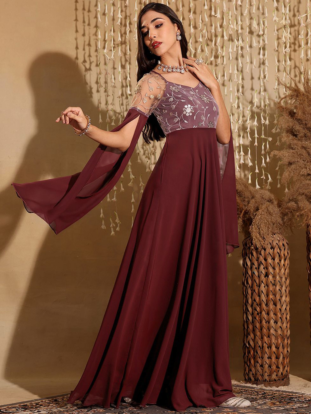 Miss Chase Women V-Neck Flared Long sleeve Embroidered Fit & Flare Maxi Ethnic Dress