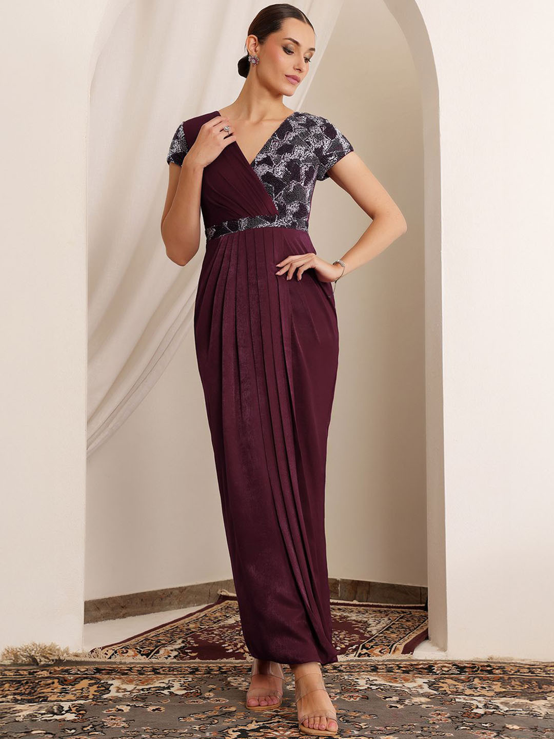 Miss Chase Women V-Neck Short Sleeve Embellished Pleated Satin Maxi Ethnic Dress