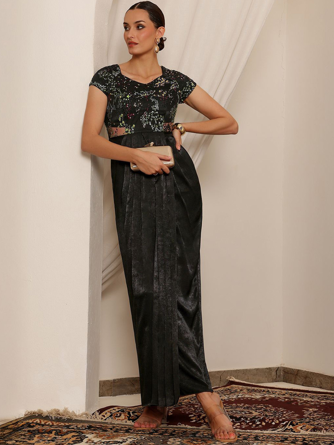 Miss Chase Women Sweetheart-Neck Raglan-Sleeve Embellished Draped Maxi Velvet Ethnic Dress