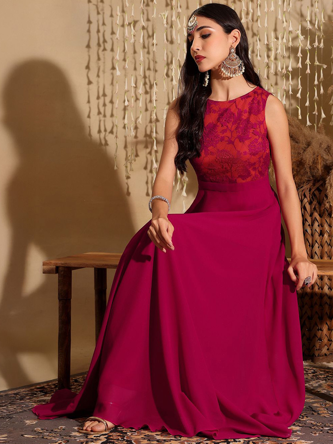 Miss Chase Women Boat Neck Sleeveless Self Design Lace Overlaid Regular Ethnic Dress