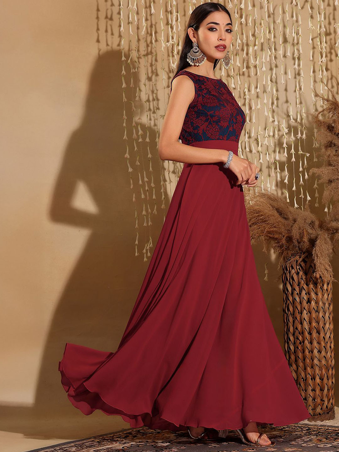 Miss Chase Women Boat Neck Sleeveless Self Design Lace Overlaid Maxi Ethnic Dress