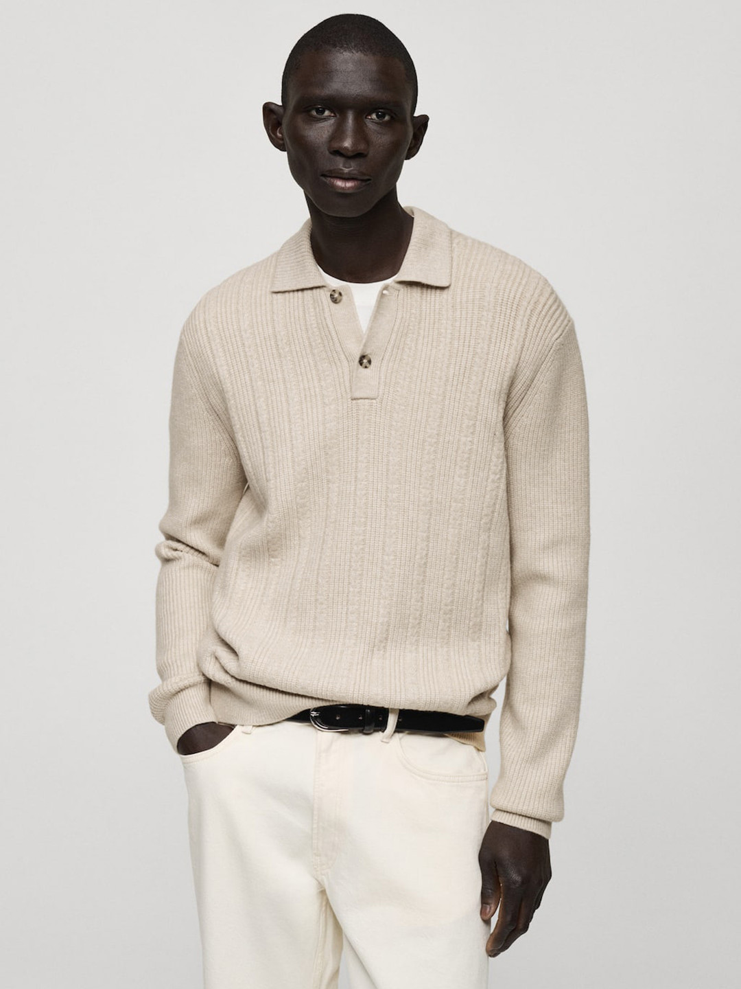 MANGO MAN Cable Knit Shirt Collar Pullover