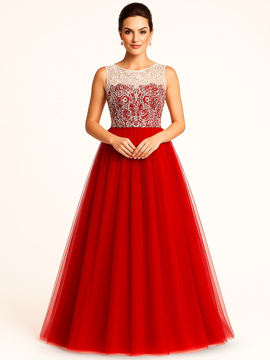 TILISM Embellished Backless Net Fit & Flare Maxi Dress