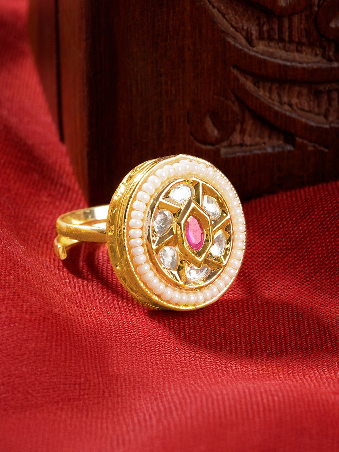 TEEJH Gold-Plated Rishina Red Stone-Studded Finger Ring