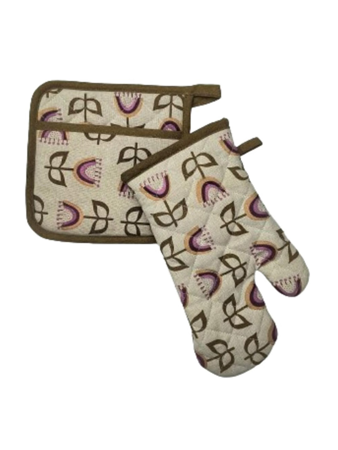 Attica Tracery 2-Pcs Brown & Purple Printed Cotton Mitts & Pot Holders KitchenLinenSets
