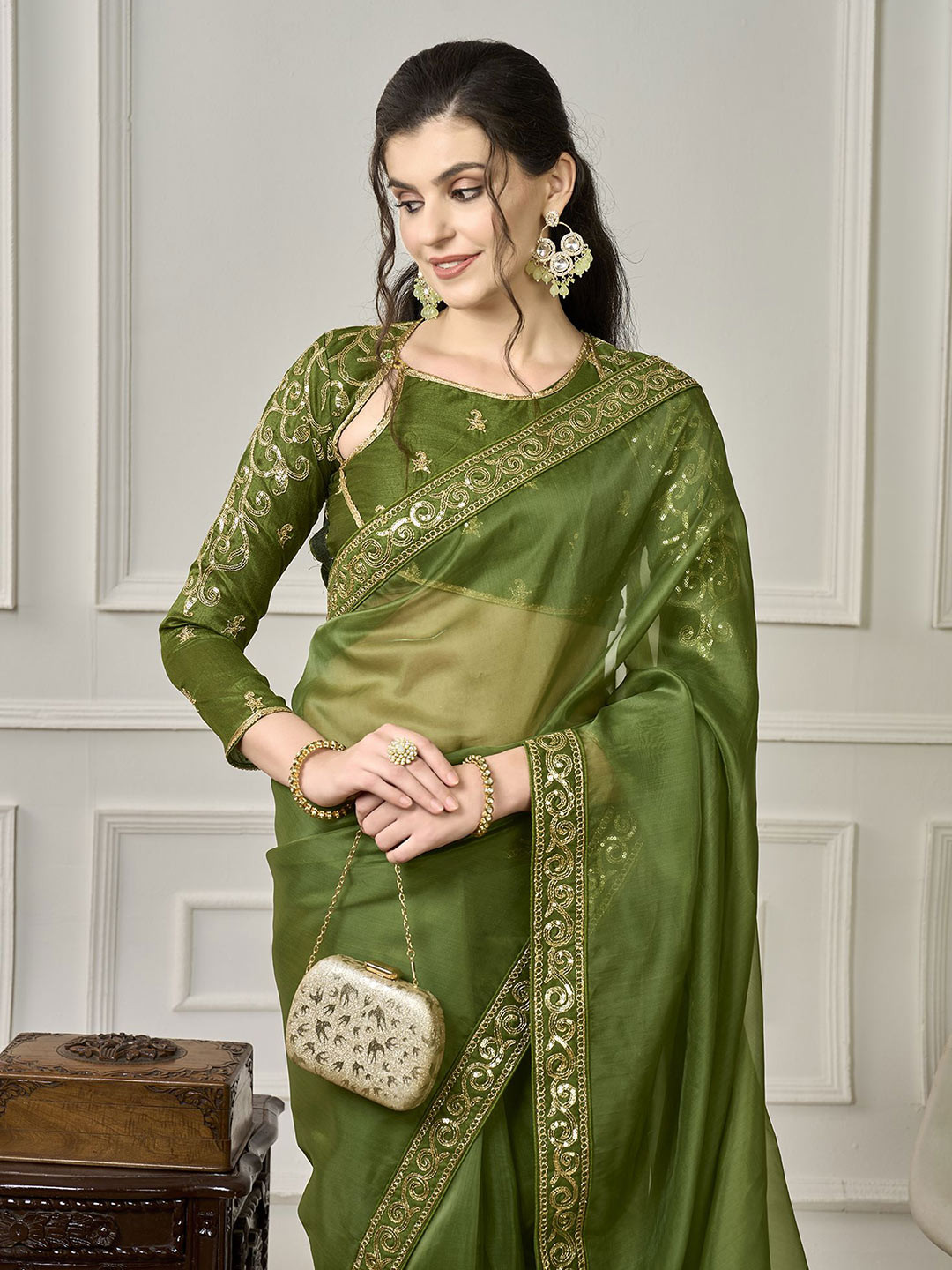 House of Pataudi Sequinned Border Organza Saree