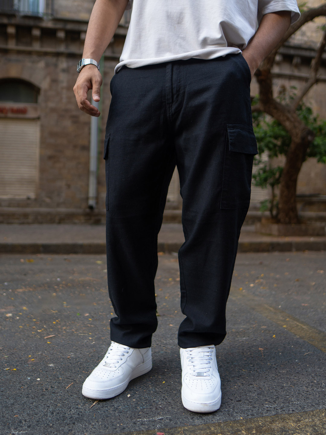 Powerlook Men Black Cotton Contrast Cargo Pant