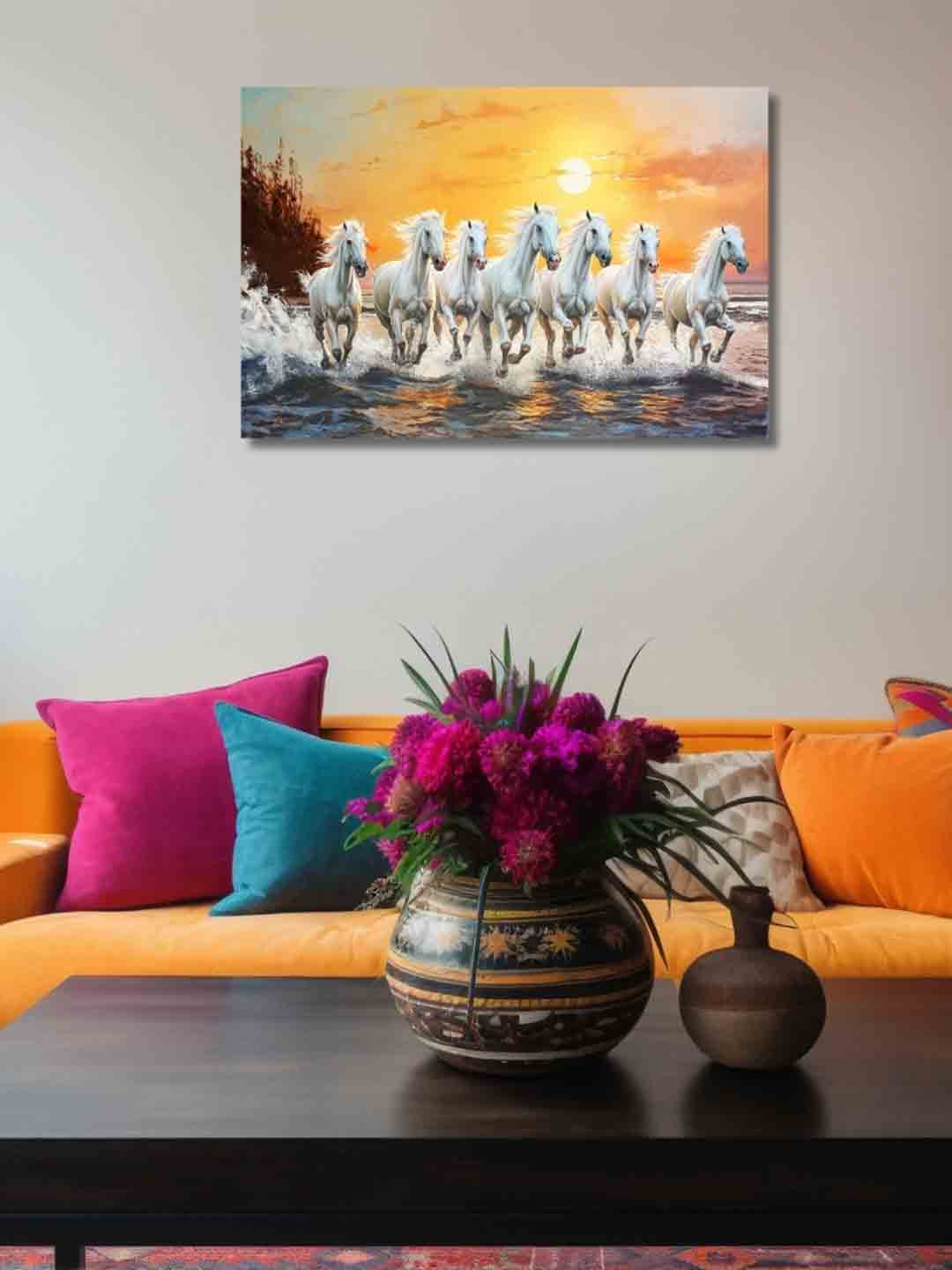 Viventiq White & Orange Seven Horse Canvas For Home Without Frame Wall Art