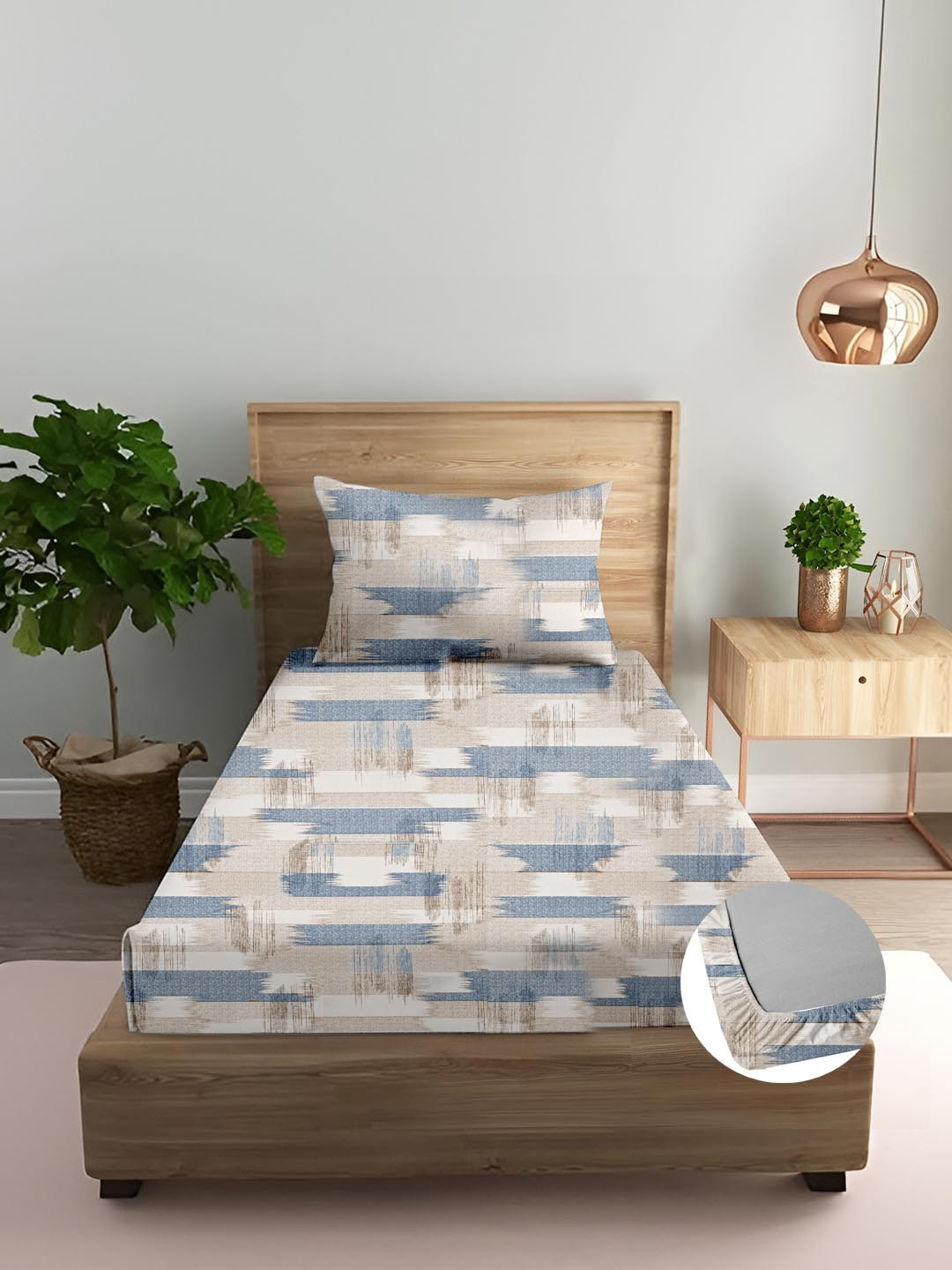 Trance Home Linen Echo Blue Printed Cotton 180 TC Fitted Single Bedsheet Set 1.83 x 76 cm
