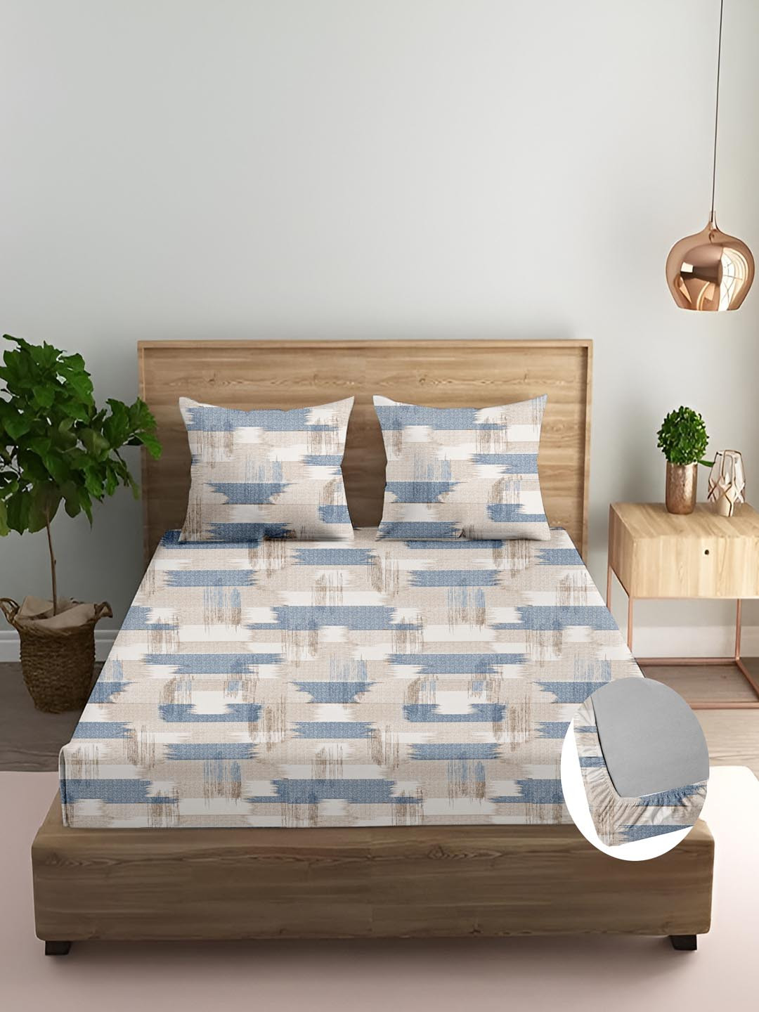 Trance Home Linen Echo Blue Printed Cotton 180 TC Fitted Queen Bedsheet Set 1.98 x 1.07 m