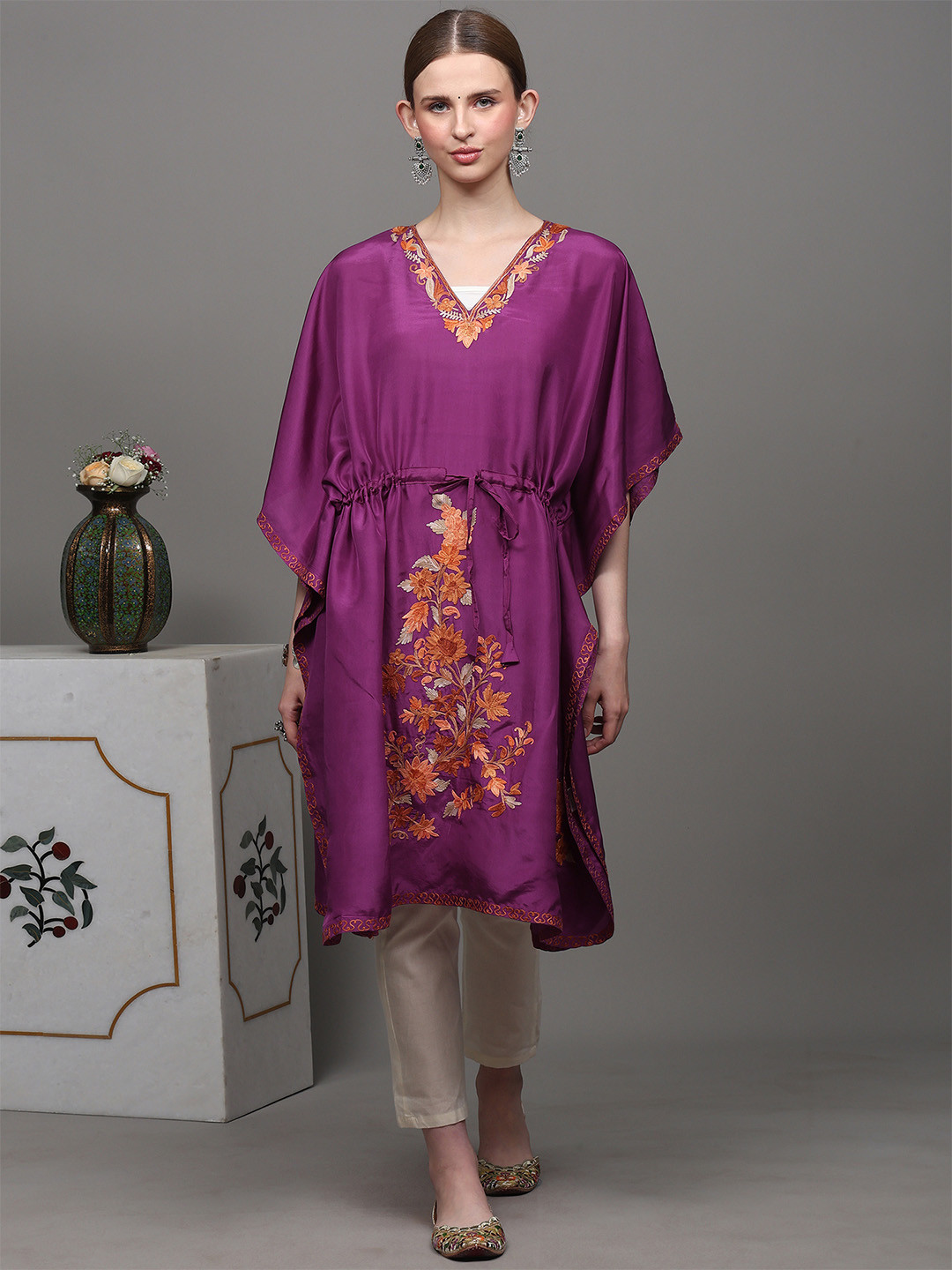 Exotic India Kashmiri Short Kaftan with Aari Embroidered Flowers and Dori at Waist