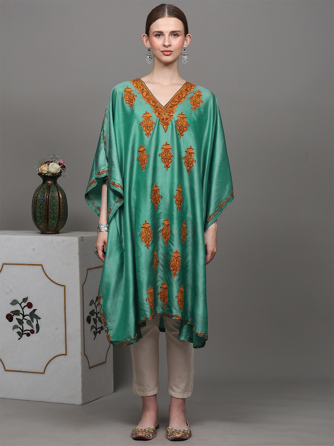 Exotic India Agate-Green Kaftan from Kashmir with Aari Hand-Embroidered Paisleys