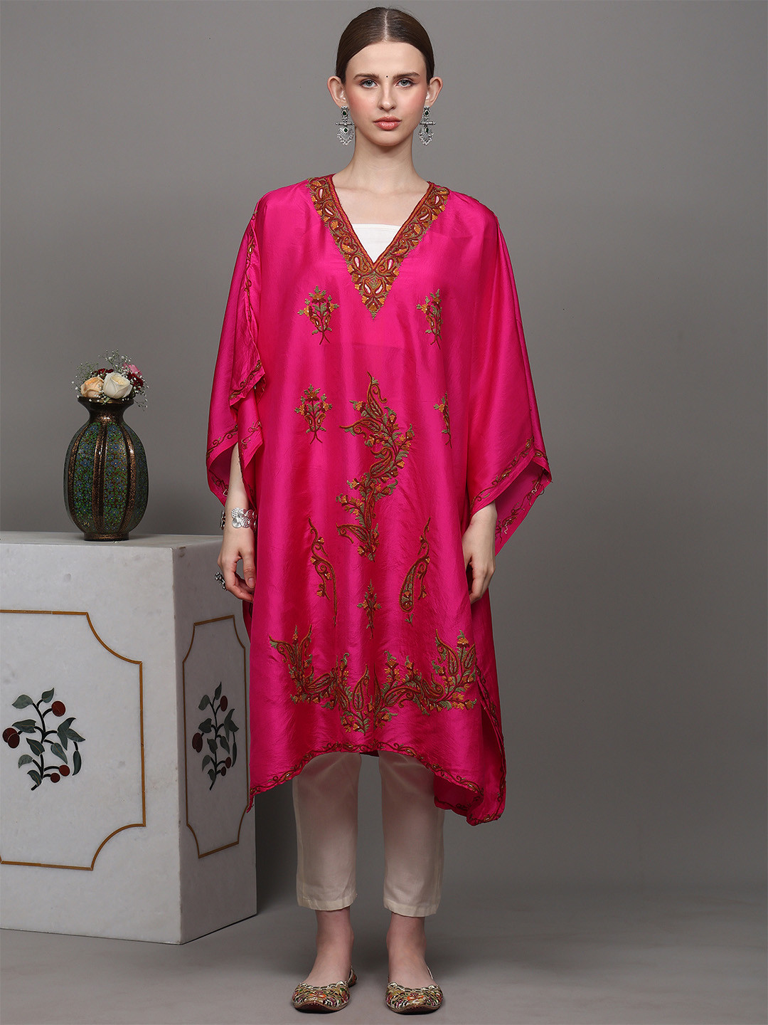 Exotic India Women Fuchsia Kashmiri Short Kaftan with Crewel Embroidery by Hand
