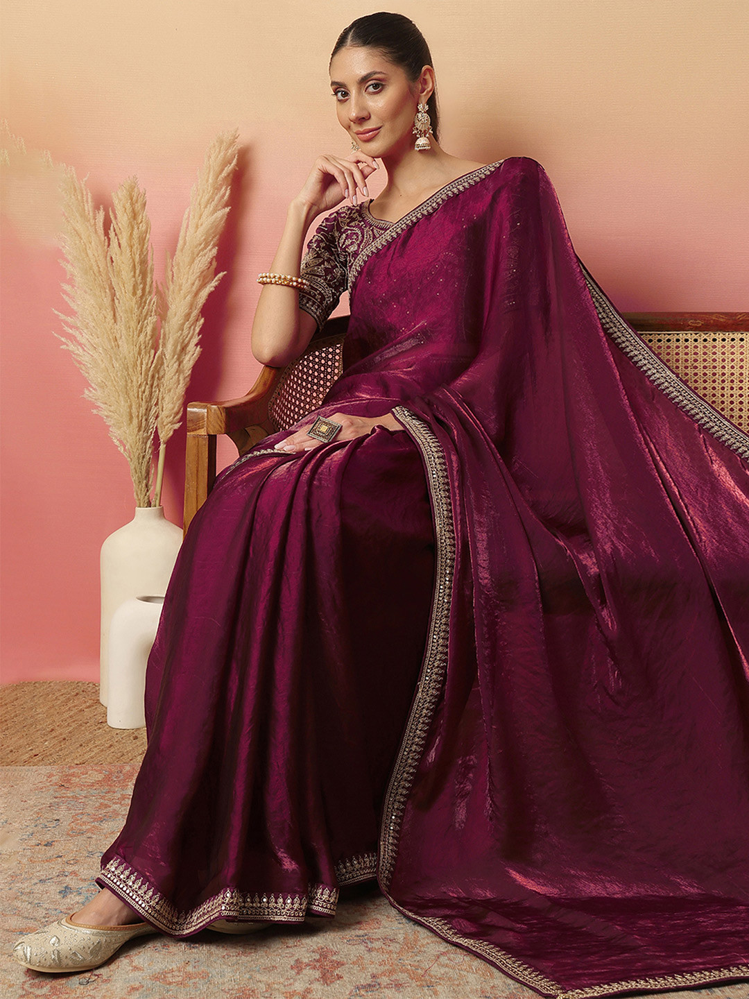 Sangria Solid Embellished Embroidered RegularSaree