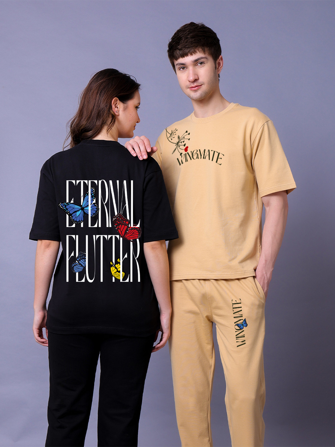 Lazy Lush Pack Of 2 Eternal Flutter Printed Round Neck T-Shirt With Joggers Couple Co-Ords