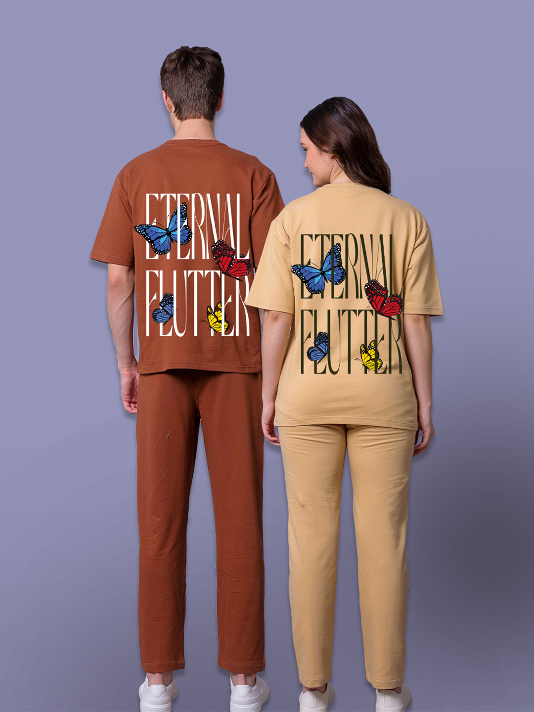Lazy Lush Pack Of 2 Eternal Flutter Printed Couple T-Shirt With Jogger Co-Ords
