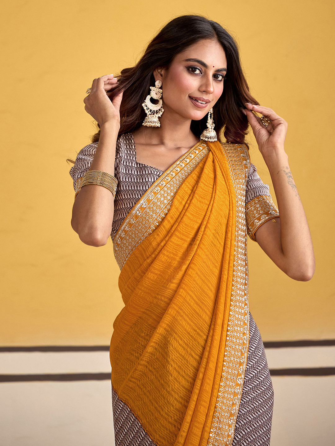 Satrani Women Geometric Printed Sequinned Pure Georgette Half and Half Saree