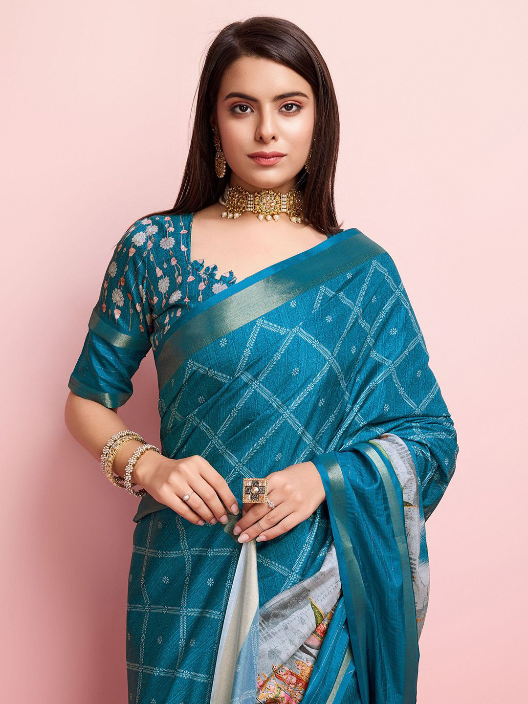 Ishin Kalamkari Printed Zari Border  Mysore Silk Saree