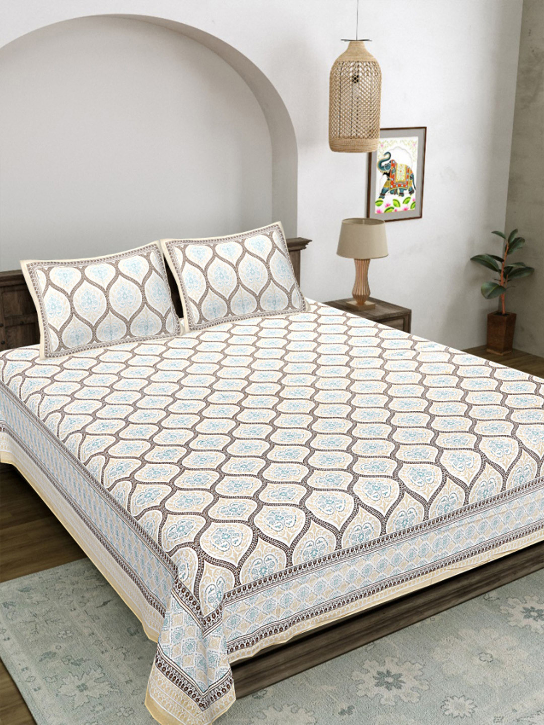 LIVING ROOTS Beige & White Floral Printed Cotton 300 TC King Bedsheet Set- 2.64 m x 2.43 m