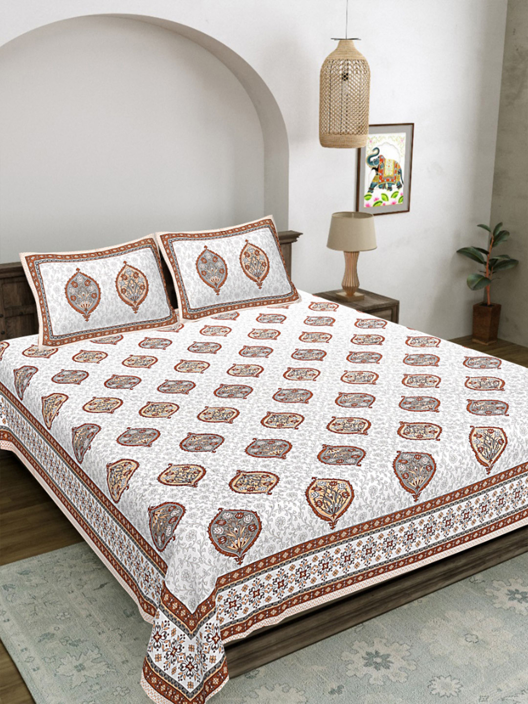 LIVING ROOTS White & Beige Floral 300 TC Cotton King Bedsheet Set 2.43 m x 2.64 m