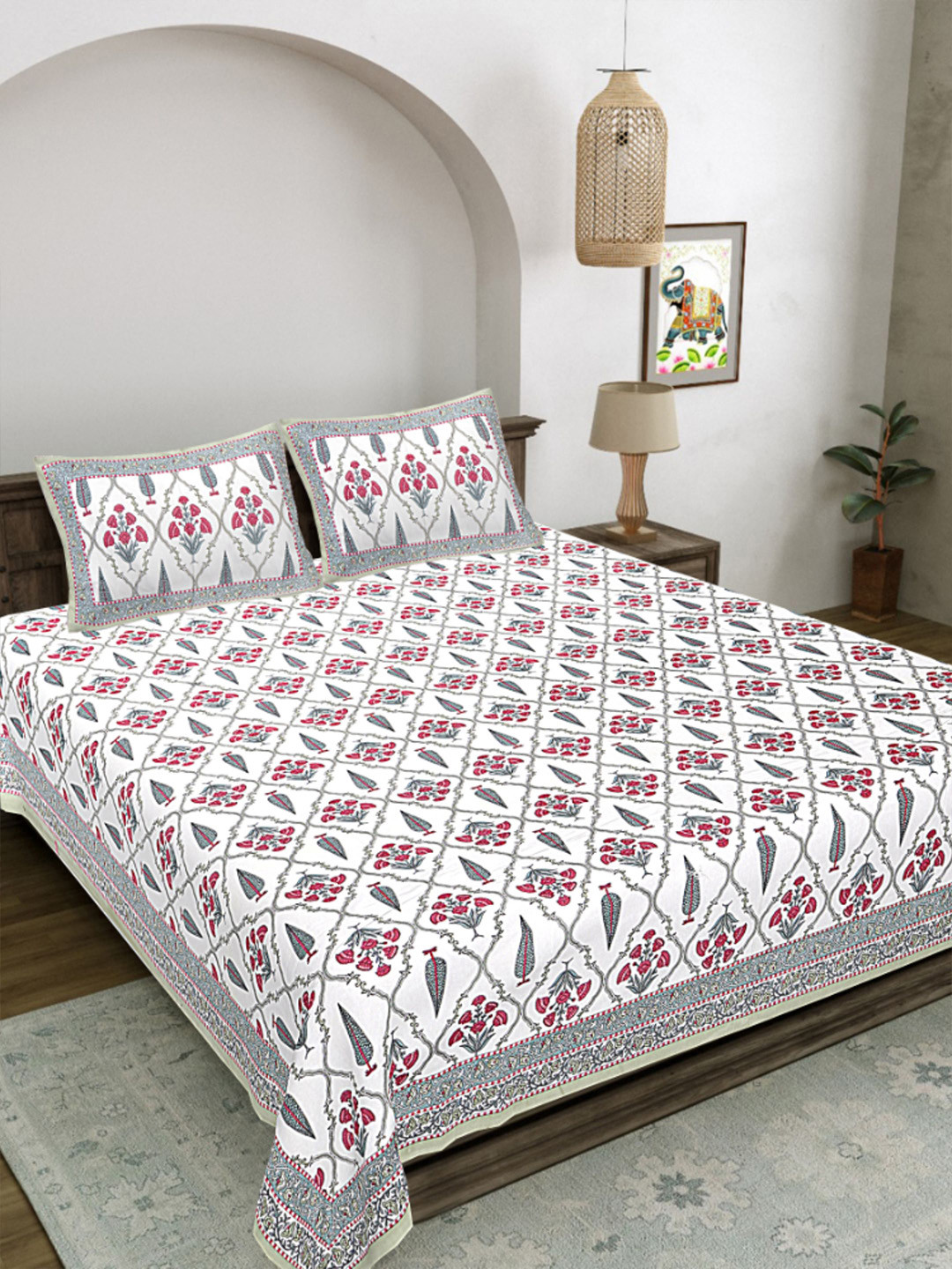 LIVING ROOTS Patni Red & White Floral Printed Pure Cotton 300TC Bedsheet Set 2.64 x 2.43 m