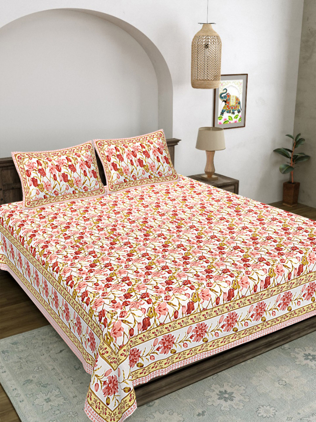 LIVING ROOTS Pink Floral Printed Cotton 300 TC King Bedsheet Set- 2.64 m x 2.43 m