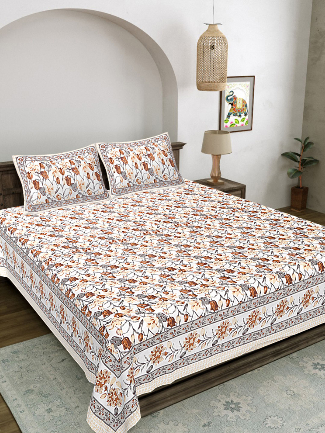 LIVING ROOTS Beige Floral Printed Cotton 300 TC King Bedsheet Set- 2.64 m x 2.43 m