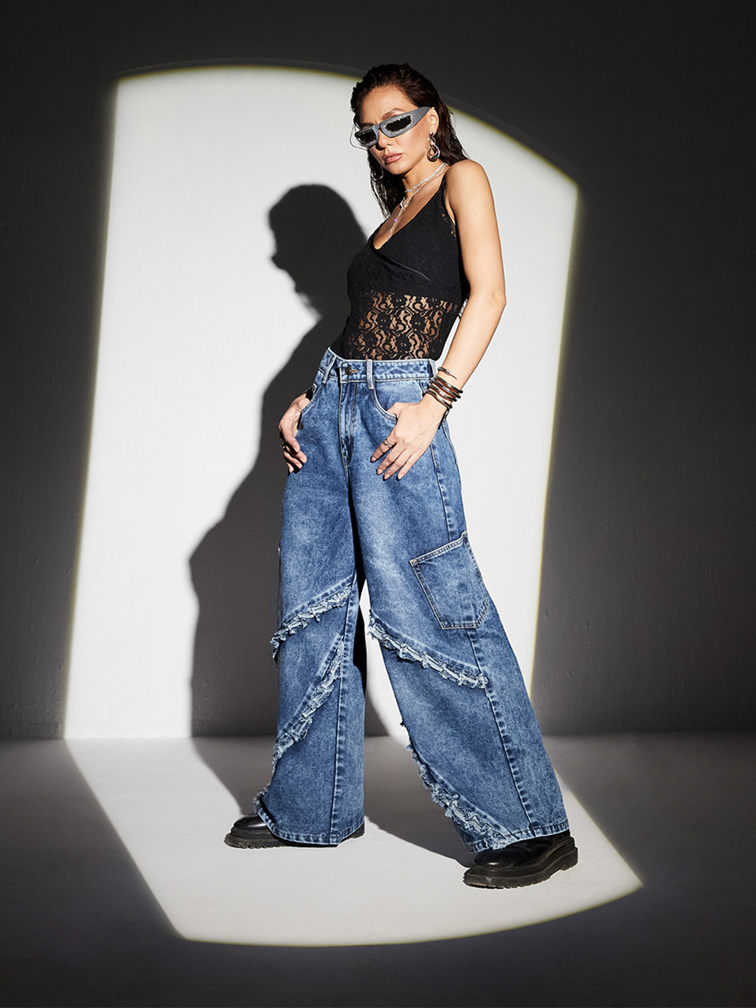 Miss Chase Pear Essence Women Wide Leg High-Rise Highly Distressed Heavy Fade Jeans