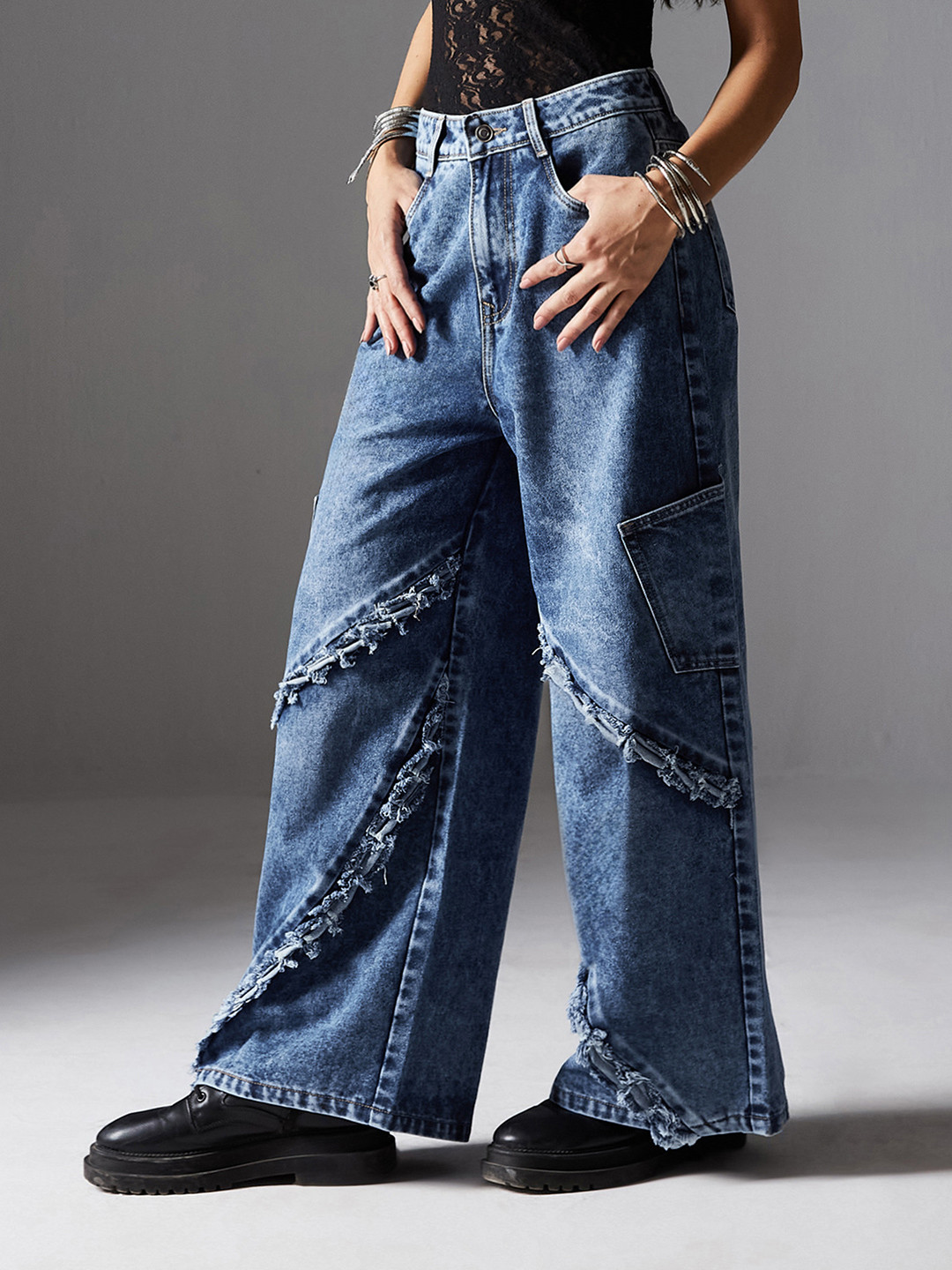 Miss Chase Women Wide Leg High-Rise Whiskers and Chevrons Heavy Fade Jeans