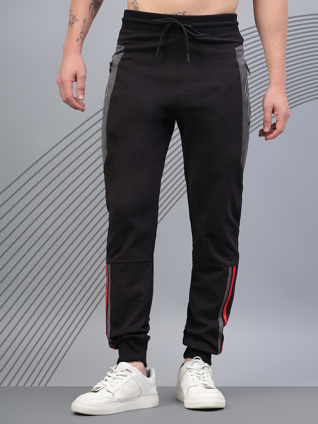 AKTIO Men Cotton Mid Rise Mesh-Block Bottom Dual-Stripes Joggers