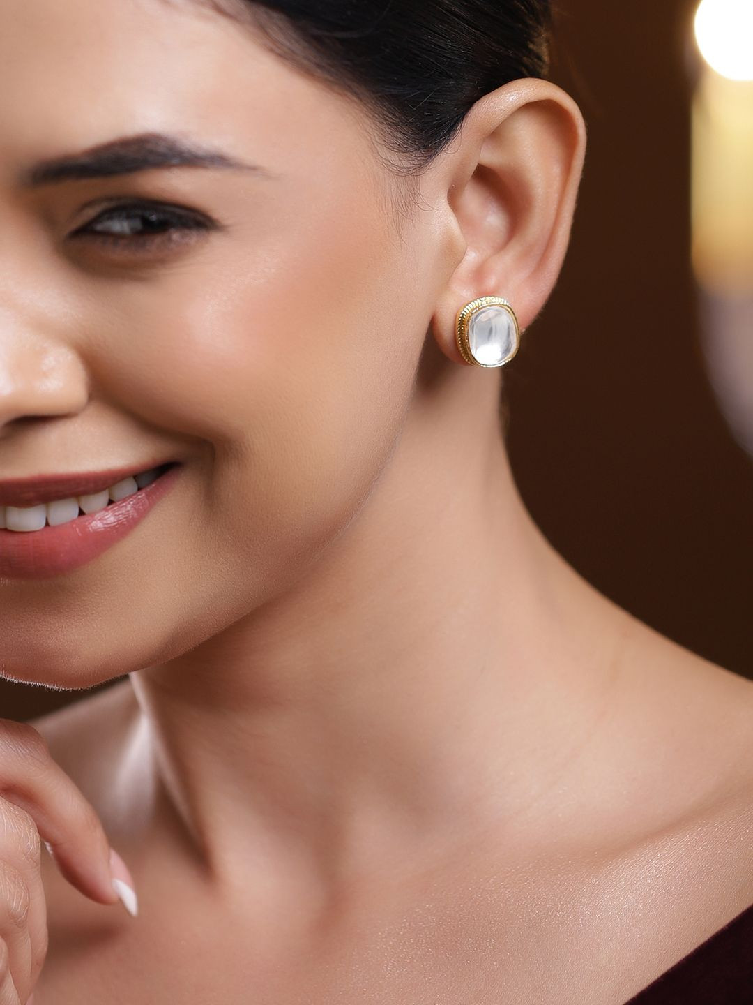 Rubans 18K Gold-Plated White Square Design Kundan Stud Earrings